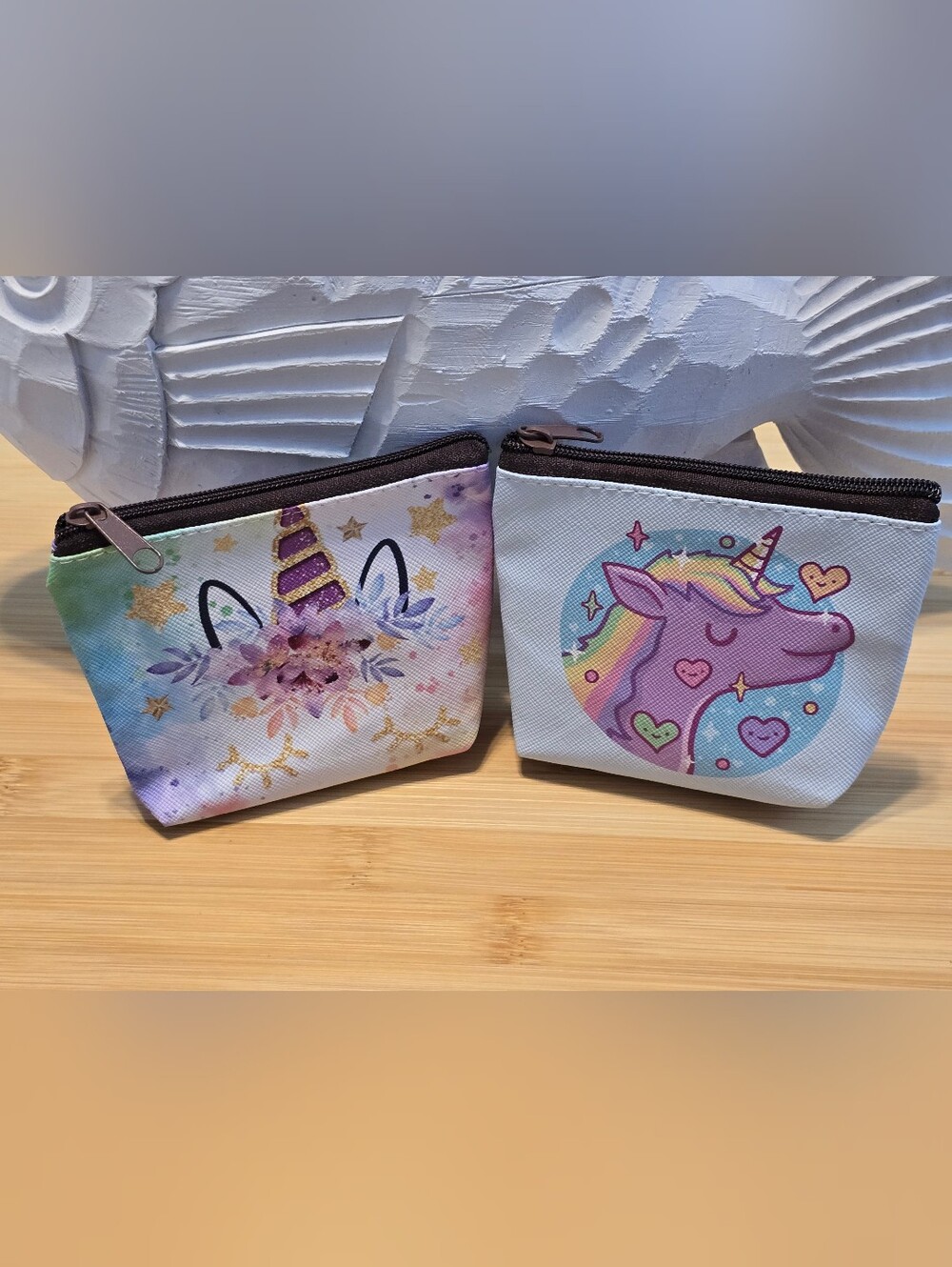 🌸 Set of 2 Floral and Rainbow Unicorn Mini Coin Purses Zipper Pouches Brand New